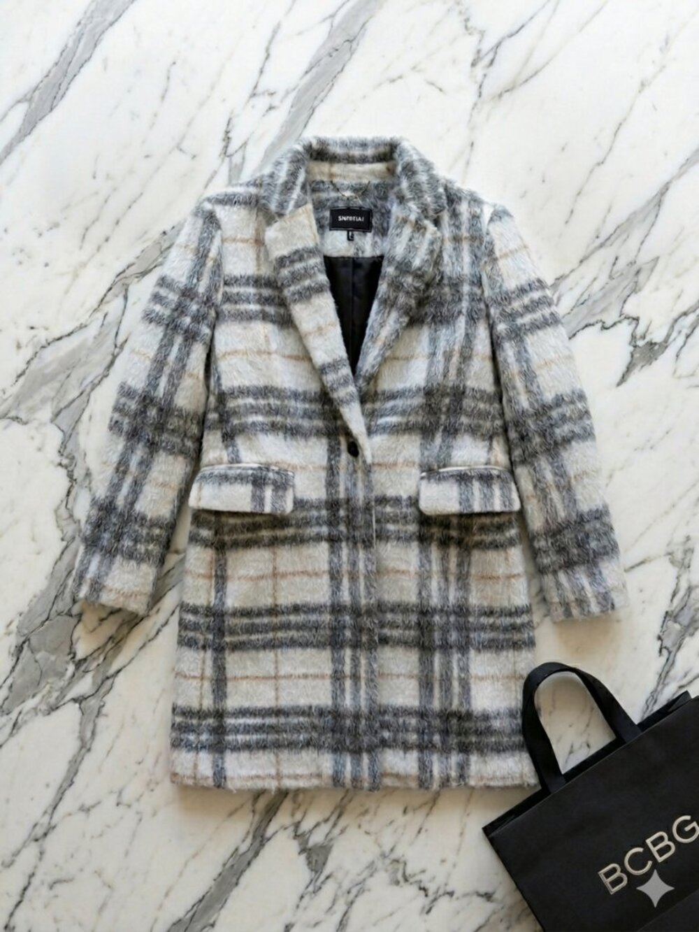 BCBGMAXAZRIA Ivory Plaid Faux‎ Fur Longline Coat